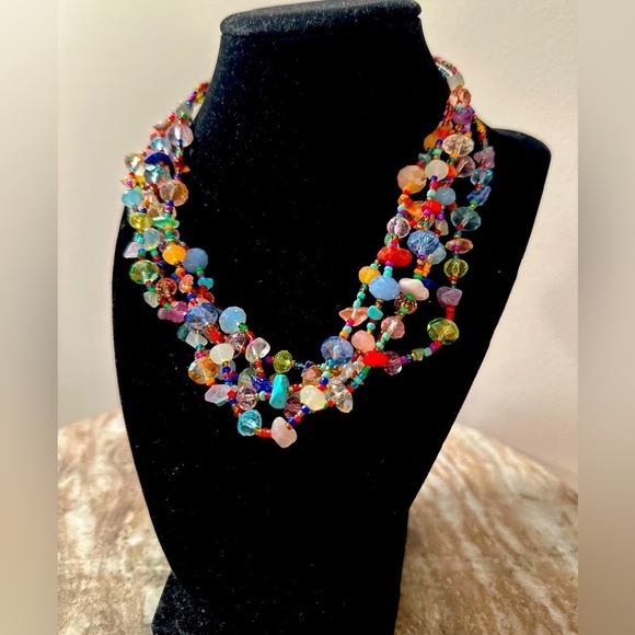 Multicolor 5 Strand Beaded Gemstone & Glass Beads Chocker Necklace Vibrant - Picture 4 of 16